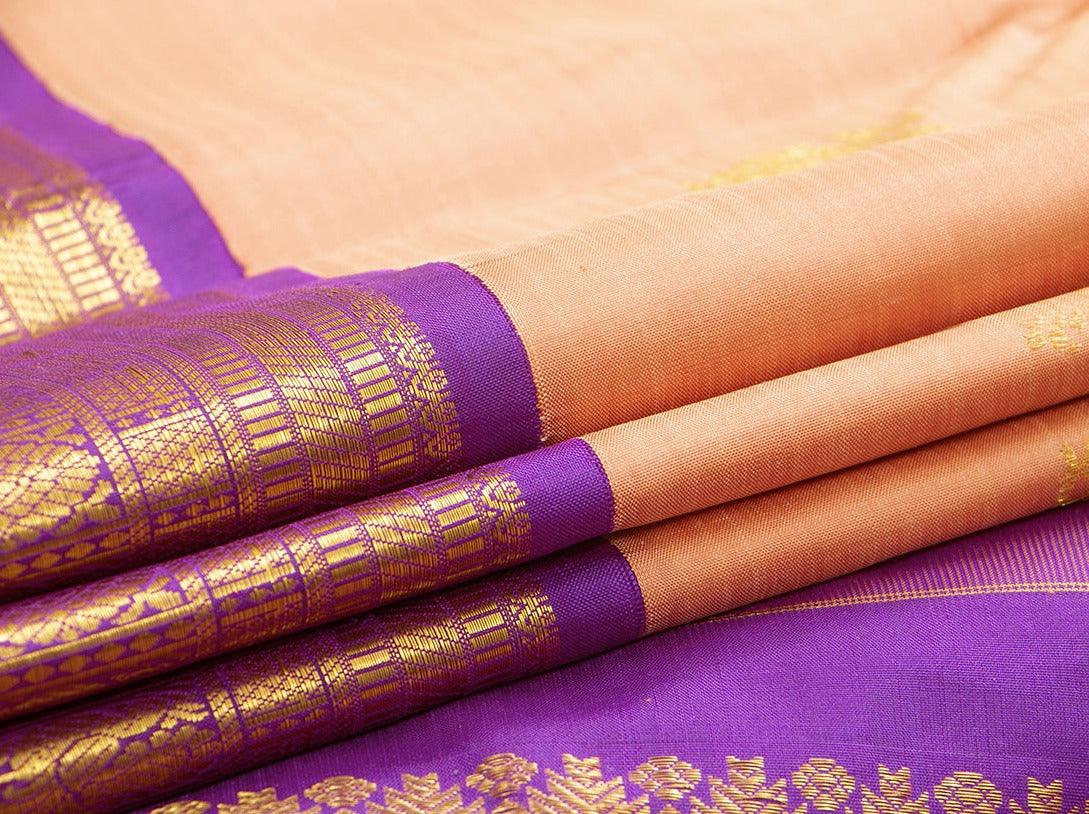 Pastel Peach And Violet Zari Butta Original Kanchipuram Silk Saree With Medium Border Handwoven Pure Silk For Wedding Wear PV NYC 1024 - Silk Sari - Panjavarnam PV NYC 1024