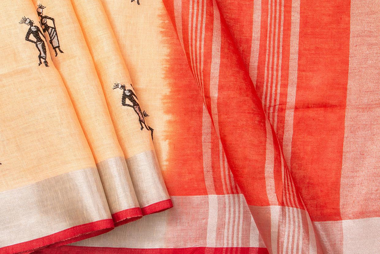 Pastel Peach Linen Saree With Embroidery And Silver Zari Border PL 2042 - Linen Sari - Panjavarnam PL 2042