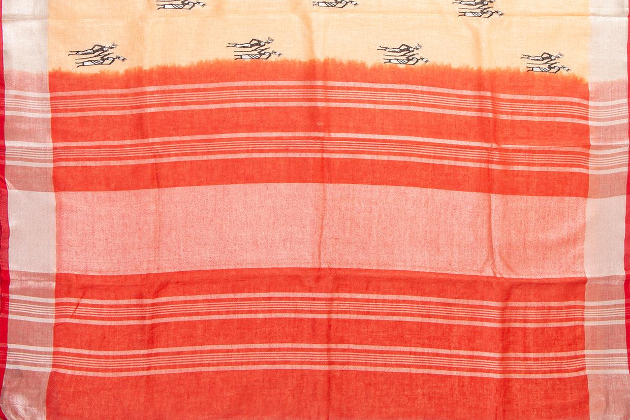 Pastel Peach Linen Saree With Embroidery And Silver Zari Border PL 2042 - Linen Sari - Panjavarnam PL 2042