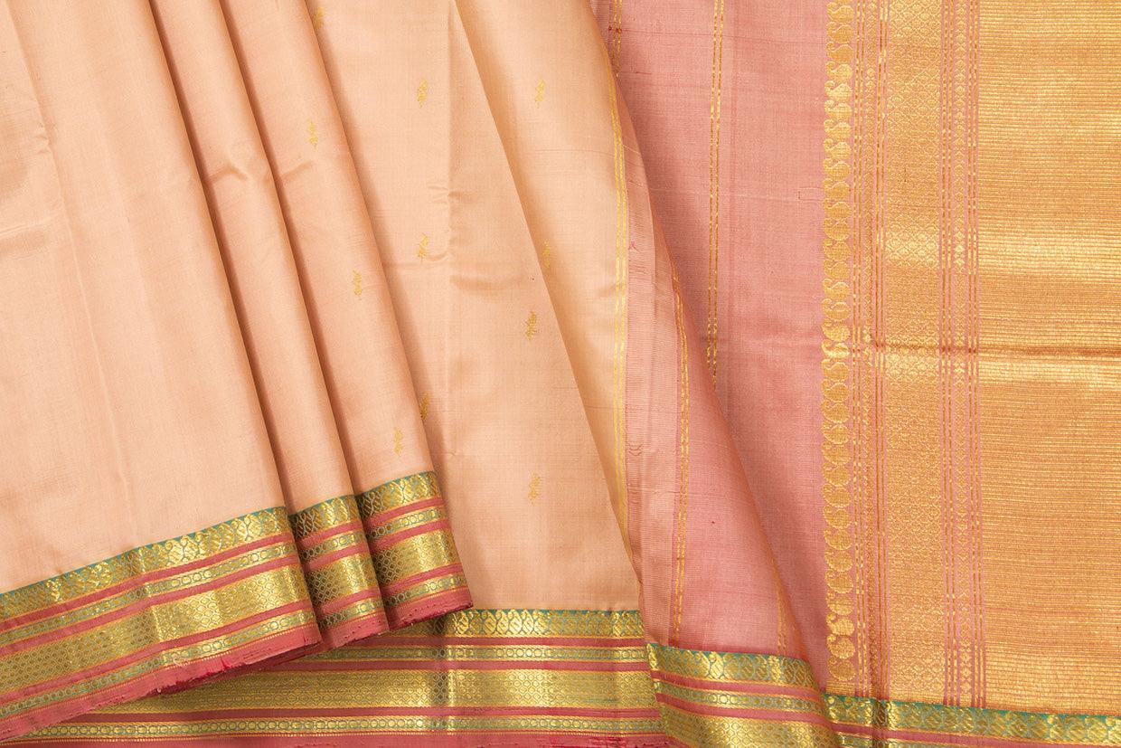 Pastel Peach Thirubhuvanam Silk Saree With Short Border Handwoven Pure Silk For Festive Wear PV ABI 40161 - Silk Sari - Panjavarnam PV ABI 40161