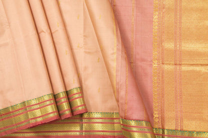 Pastel Peach Thirubhuvanam Silk Saree With Short Border Handwoven Pure Silk For Festive Wear PV ABI 40161 - Silk Sari - Panjavarnam PV ABI 40161