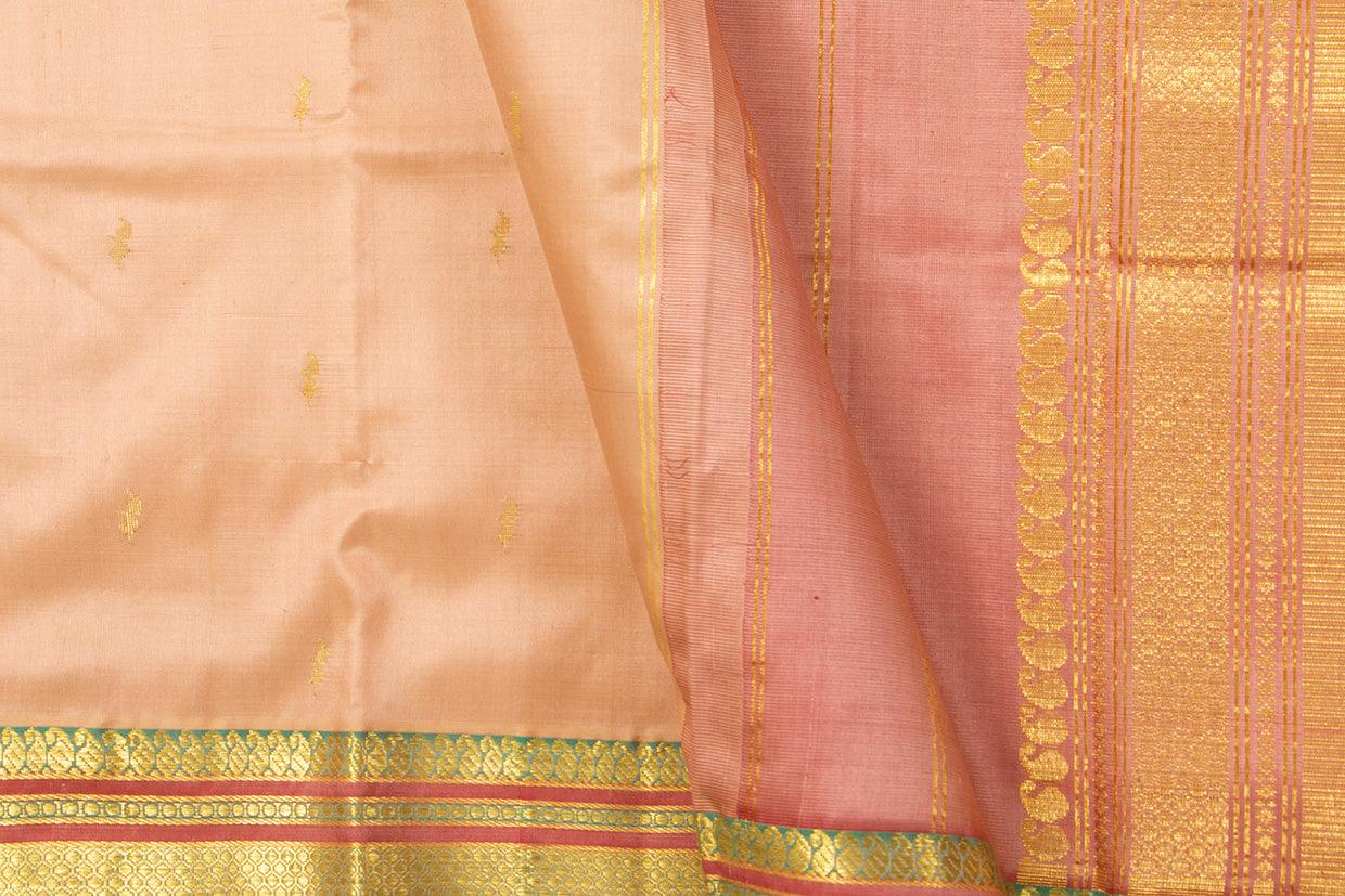 Pastel Peach Thirubhuvanam Silk Saree With Short Border Handwoven Pure Silk For Festive Wear PV ABI 40161 - Silk Sari - Panjavarnam PV ABI 40161