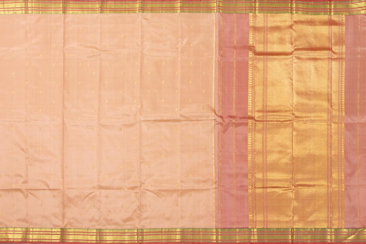 Pastel Peach Thirubhuvanam Silk Saree With Short Border Handwoven Pure Silk For Festive Wear PV ABI 40161 - Silk Sari - Panjavarnam PV ABI 40161