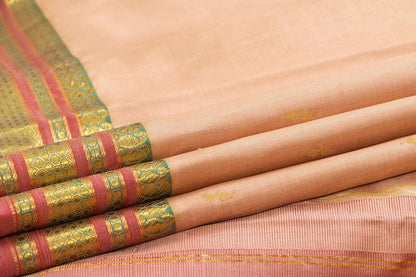 Pastel Peach Thirubhuvanam Silk Saree With Short Border Handwoven Pure Silk For Festive Wear PV ABI 40161 - Silk Sari - Panjavarnam PV ABI 40161