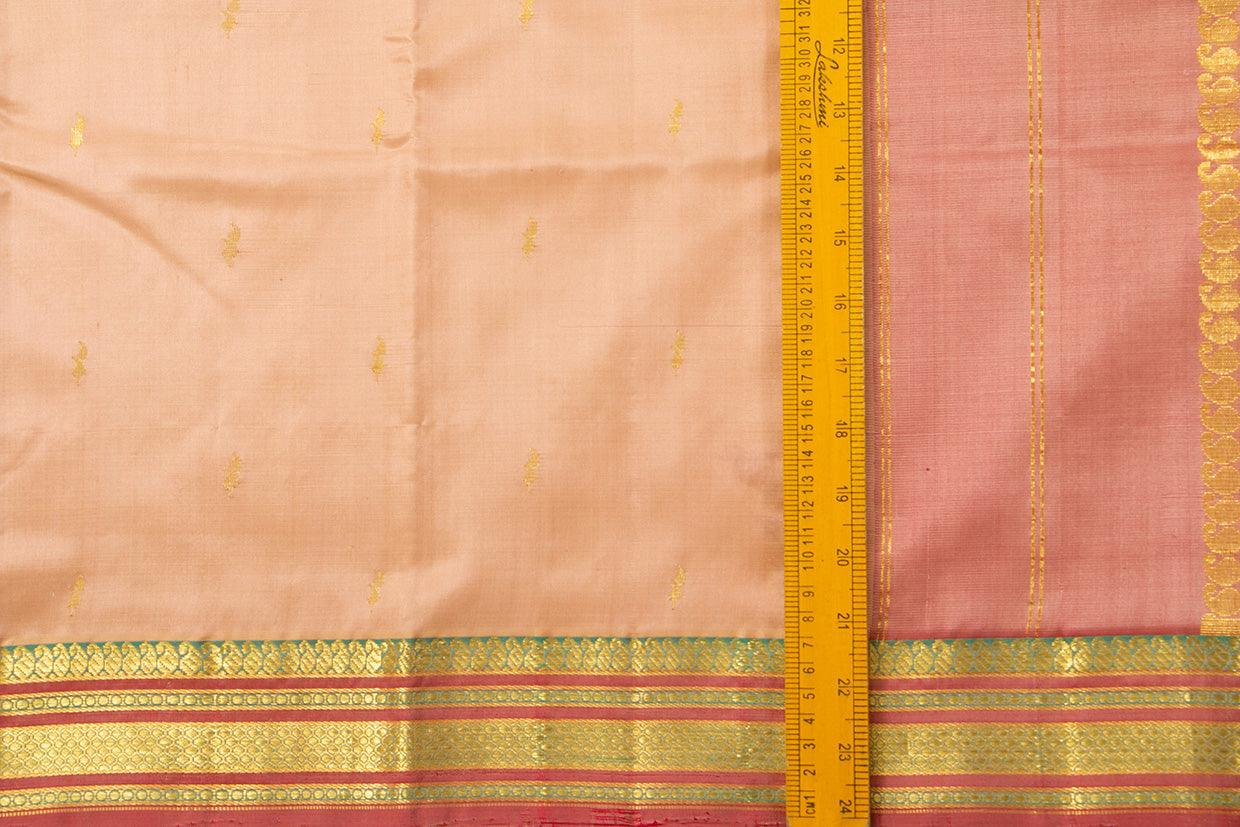 Pastel Peach Thirubhuvanam Silk Saree With Short Border Handwoven Pure Silk For Festive Wear PV ABI 40161 - Silk Sari - Panjavarnam PV ABI 40161