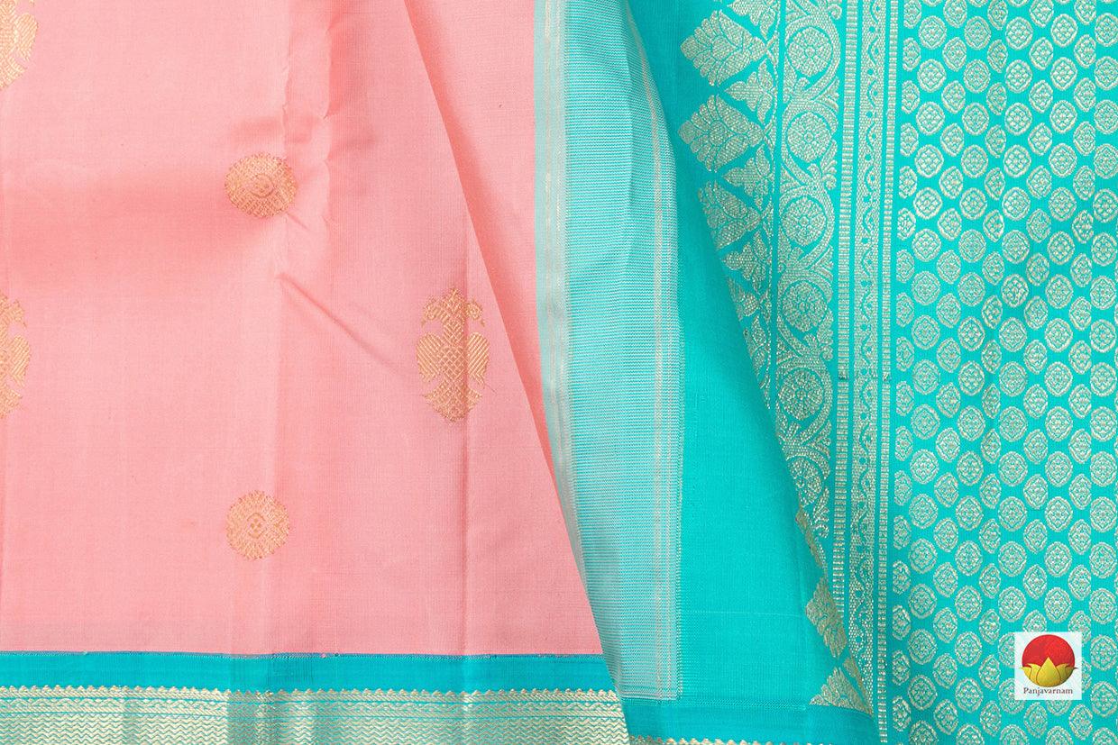 Pastel Pink And Anandha Blue Kanchipuram Silk Saree With Medium Border Handwoven Pure Silk For Festive Wear PV J 218 - Silk Sari - Panjavarnam