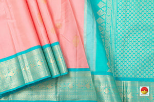 Pastel Pink And Anandha Blue Kanchipuram Silk Saree With Medium Border Handwoven Pure Silk For Festive Wear PV J 218 - Silk Sari - Panjavarnam PV J 218