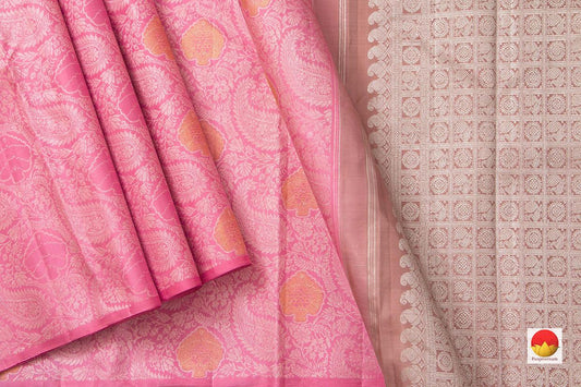Pastel Pink Borderless Kanchipuram Silk Saree With Floral Silk Thread Work Handwoven Pure Silk Pure Zari For Wedding Wear- PV NYC 966 - Silk Sari - Panjavarnam