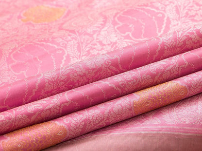 Pastel Pink Borderless Kanchipuram Silk Saree With Floral Silk Thread Work Handwoven Pure Silk Pure Zari For Wedding Wear- PV NYC 966 - Silk Sari - Panjavarnam