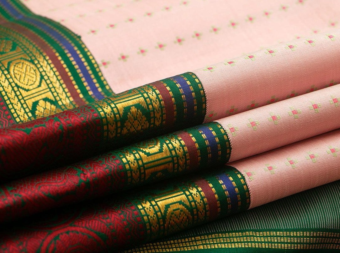 Pastel Pink Kanchipuram Silk Saree With Korvai Thread Work Border Handwoven Pure Silk Pure Zari For Weddings PV NYC 926 - Silk Sari - Panjavarnam PV NYC 926