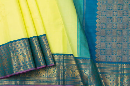 Pastel Yellow And Blue Kanchipuram Silk Saree With Medium Border Handwoven Pure Silk For Festive Wear PV J 168 - Silk Sari - Panjavarnam