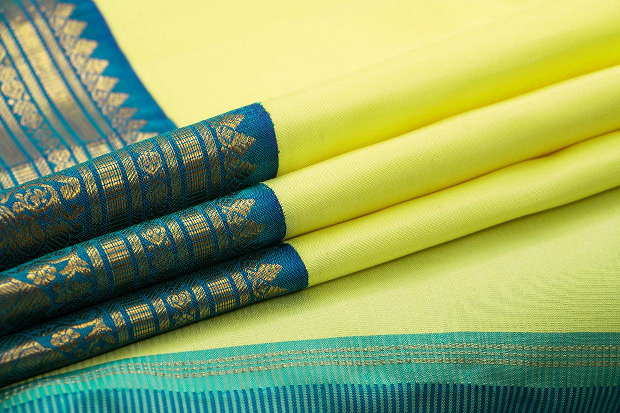 Pastel Yellow And Blue Kanchipuram Silk Saree With Medium Border Handwoven Pure Silk For Festive Wear PV J 168 - Silk Sari - Panjavarnam
