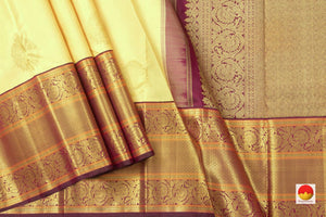 Pastel Yellow And Maroon Kanchipuram Silk Saree With Medium Border Handwoven Pure Silk For Wedding Wear PV NYC 1048 - Silk Sari - Panjavarnam PV NYC 1048