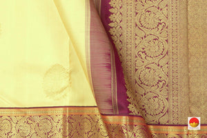 Pastel Yellow And Maroon Kanchipuram Silk Saree With Medium Border Handwoven Pure Silk For Wedding Wear PV NYC 1048 - Silk Sari - Panjavarnam PV NYC 1048