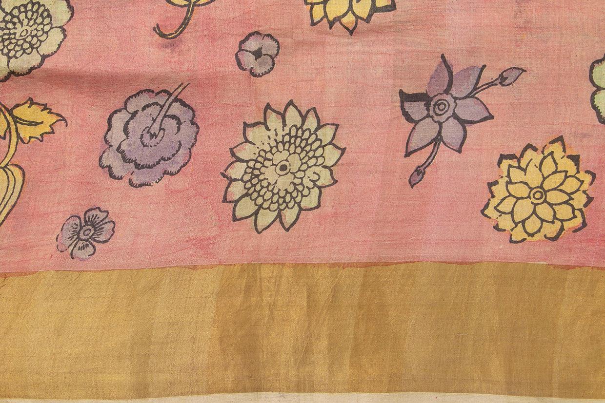 Pastel Yellow And Pink Kalamkari Tussar Silk Saree Handpainted Floral, Crane And Krishna Leela Patterns Organic Vegetable Dyes PT K VSR 118 - Kalamkari Silk - Panjavarnam