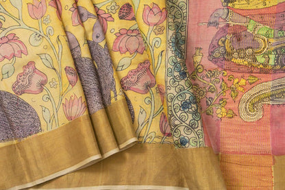 Pastel Yellow And Pink Kalamkari Tussar Silk Saree Handpainted Floral, Crane And Krishna Leela Patterns Organic Vegetable Dyes PT K VSR 118 - Kalamkari Silk - Panjavarnam PT K VSR 118