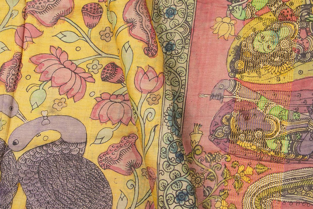 Pastel Yellow And Pink Kalamkari Tussar Silk Saree Handpainted Floral, Crane And Krishna Leela Patterns Organic Vegetable Dyes PT K VSR 118 - Kalamkari Silk - Panjavarnam PT K VSR 118