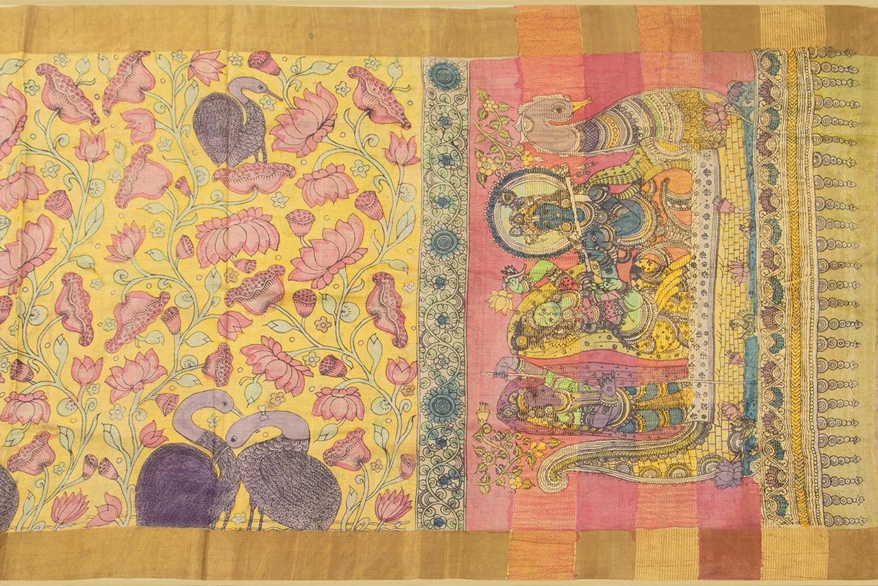 Pastel Yellow And Pink Kalamkari Tussar Silk Saree Handpainted Floral, Crane And Krishna Leela Patterns Organic Vegetable Dyes PT K VSR 118 - Kalamkari Silk - Panjavarnam PT K VSR 118