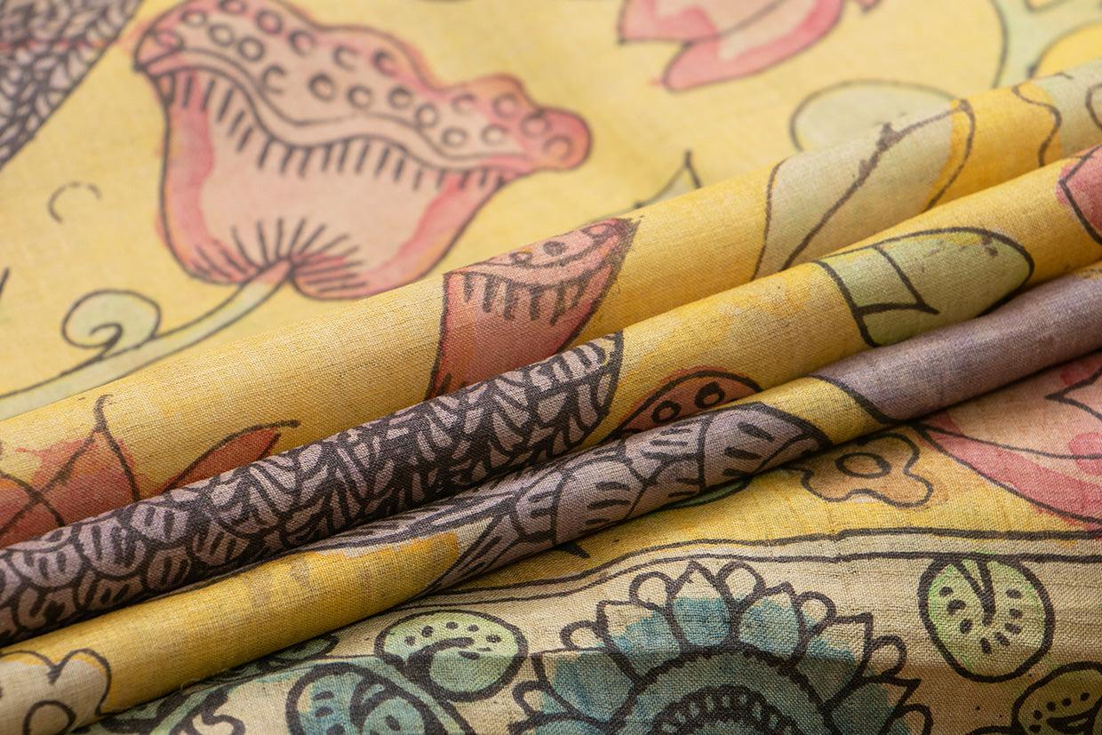 Pastel Yellow And Pink Kalamkari Tussar Silk Saree Handpainted Floral, Crane And Krishna Leela Patterns Organic Vegetable Dyes PT K VSR 118 - Kalamkari Silk - Panjavarnam PT K VSR 118