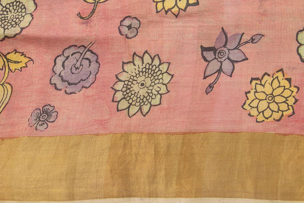 Pastel Yellow And Pink Kalamkari Tussar Silk Saree Handpainted Floral, Crane And Krishna Leela Patterns Organic Vegetable Dyes PT K VSR 118 - Kalamkari Silk - Panjavarnam PT K VSR 118