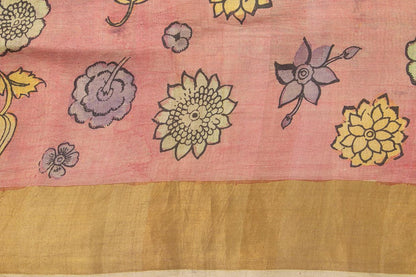 Pastel Yellow And Pink Kalamkari Tussar Silk Saree Handpainted Floral, Crane And Krishna Leela Patterns Organic Vegetable Dyes PT K VSR 118 - Kalamkari Silk - Panjavarnam PT K VSR 118