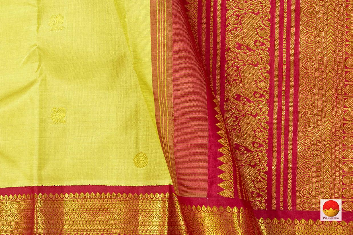 Pastel Yellow And Red Kanchipuram Silk Saree With Medium Border Handwoven Pure Silk For Festive Wear PV J 49 A - Silk Sari - Panjavarnam