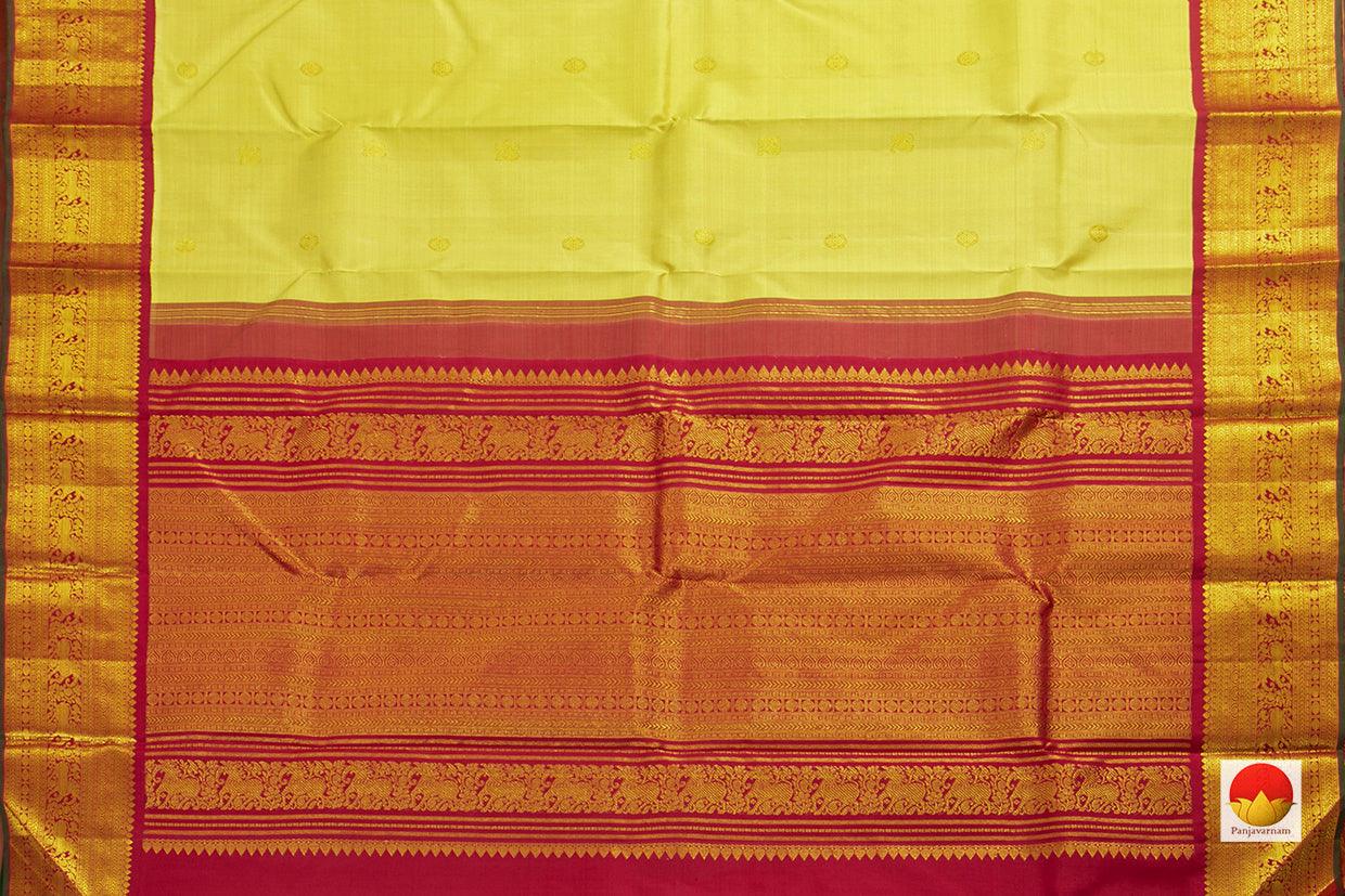 Pastel Yellow And Red Kanchipuram Silk Saree With Medium Border Handwoven Pure Silk For Festive Wear PV J 49 A - Silk Sari - Panjavarnam