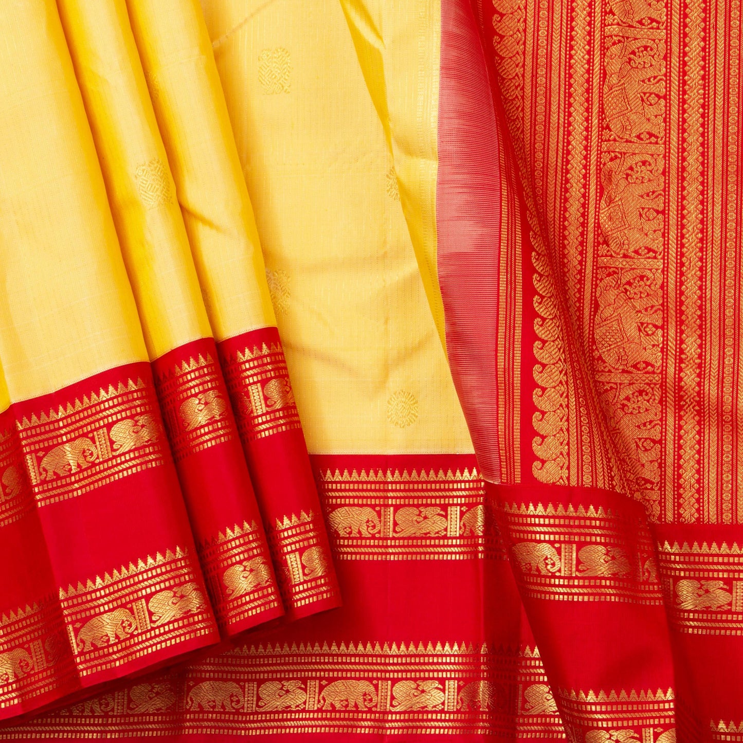 Pastel Yellow And Red Kanchipuram Silk Saree With Medium Border Handwoven Pure Silk For Wedding Wear PV NYC 1223 - Silk Sari - Panjavarnam PV NYC 1223