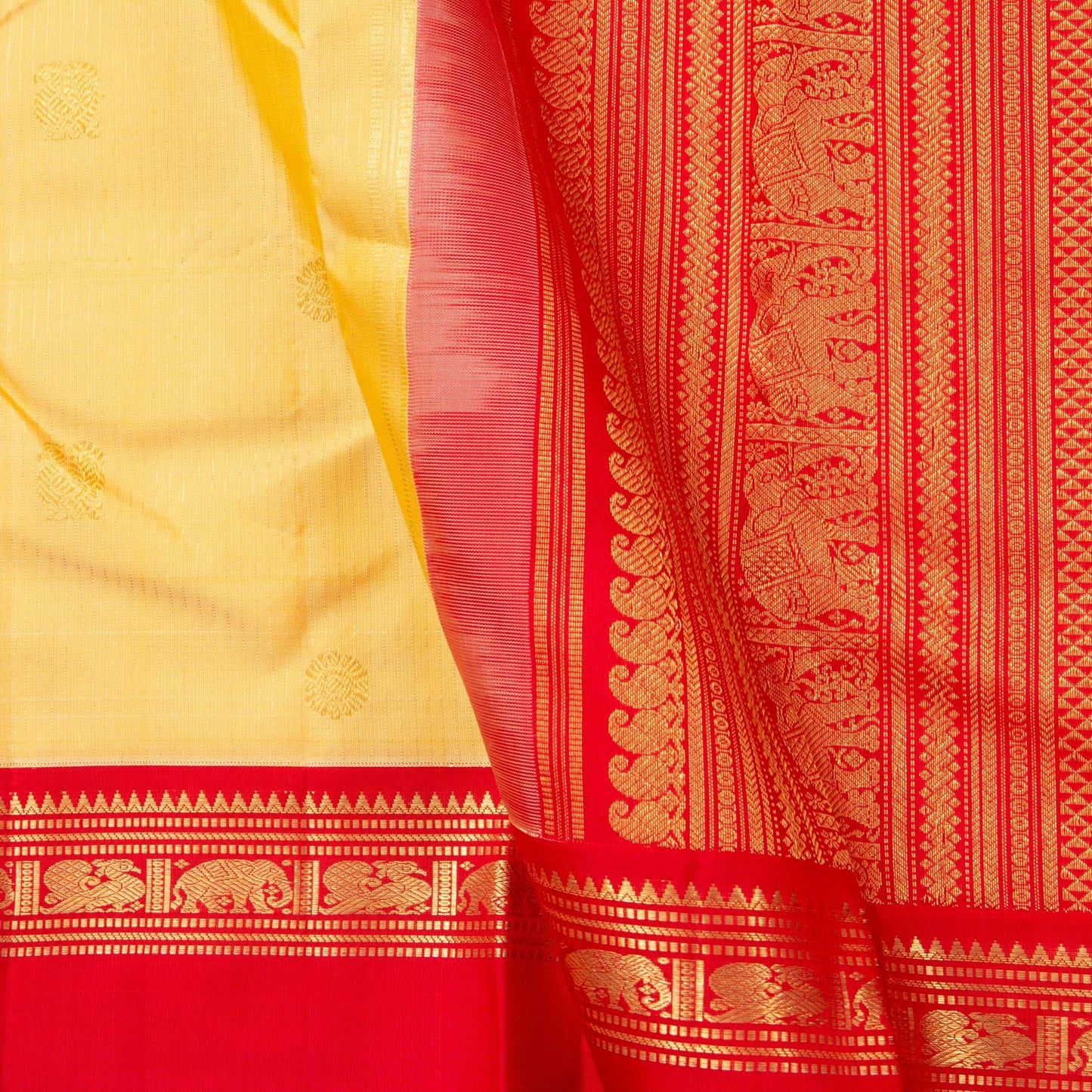 Pastel Yellow And Red Kanchipuram Silk Saree With Medium Border Handwoven Pure Silk For Wedding Wear PV NYC 1223 - Silk Sari - Panjavarnam PV NYC 1223