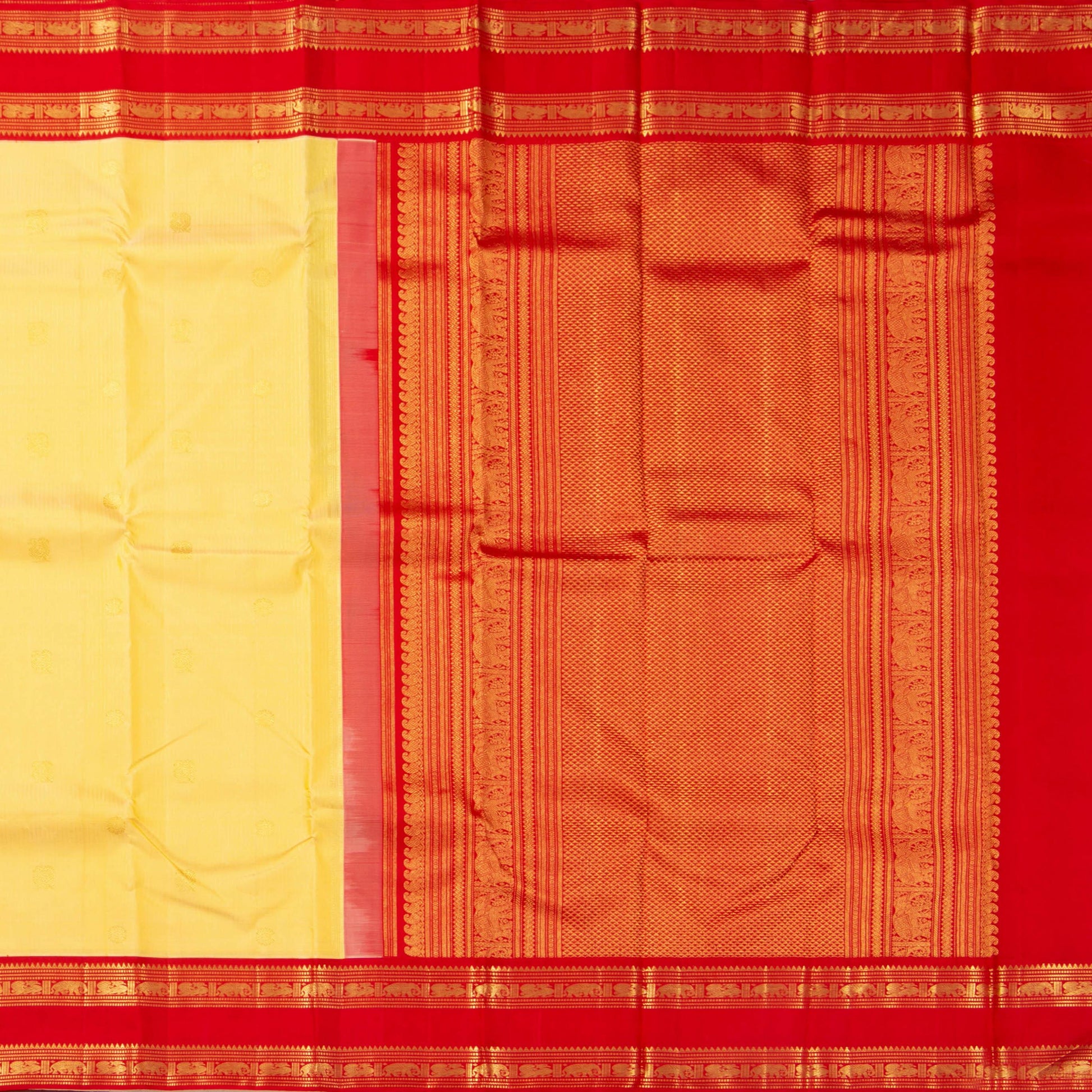 Pastel Yellow And Red Kanchipuram Silk Saree With Medium Border Handwoven Pure Silk For Wedding Wear PV NYC 1223 - Silk Sari - Panjavarnam PV NYC 1223