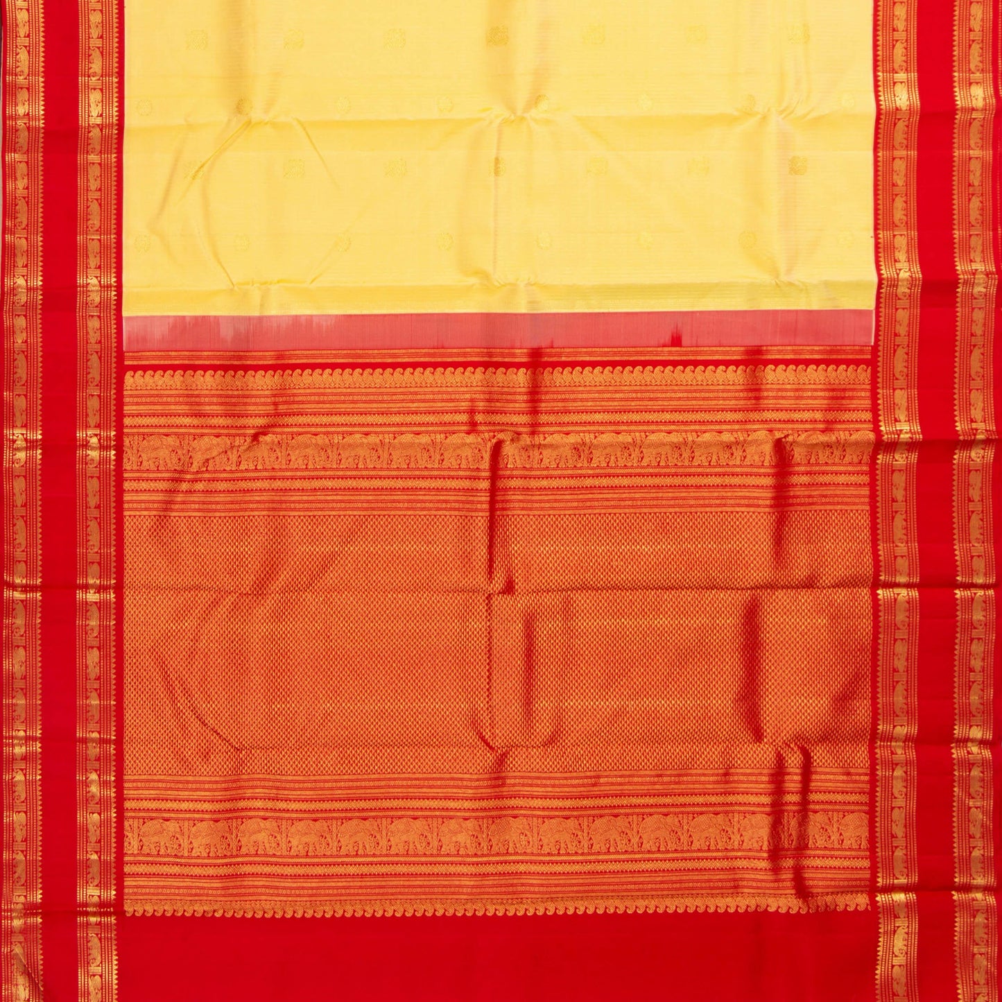 Pastel Yellow And Red Kanchipuram Silk Saree With Medium Border Handwoven Pure Silk For Wedding Wear PV NYC 1223 - Silk Sari - Panjavarnam PV NYC 1223