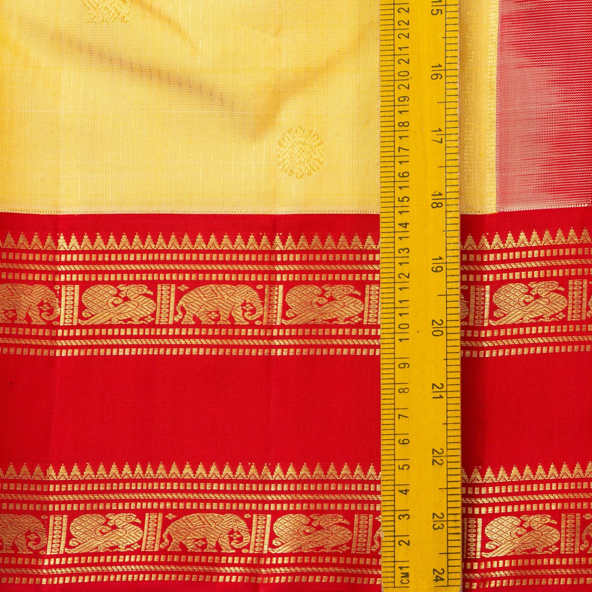 Pastel Yellow And Red Kanchipuram Silk Saree With Medium Border Handwoven Pure Silk For Wedding Wear PV NYC 1223 - Silk Sari - Panjavarnam PV NYC 1223