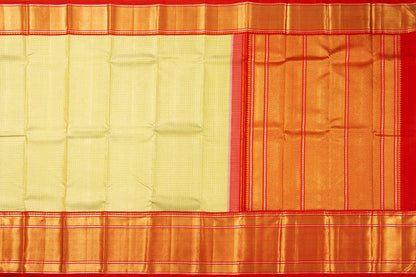 Pastel Yellow And Red Kanchipuram Silk Saree With Morning Evening Border Handwoven Pure Silk For Wedding Wear PV NYC 1061 - Silk Sari - Panjavarnam