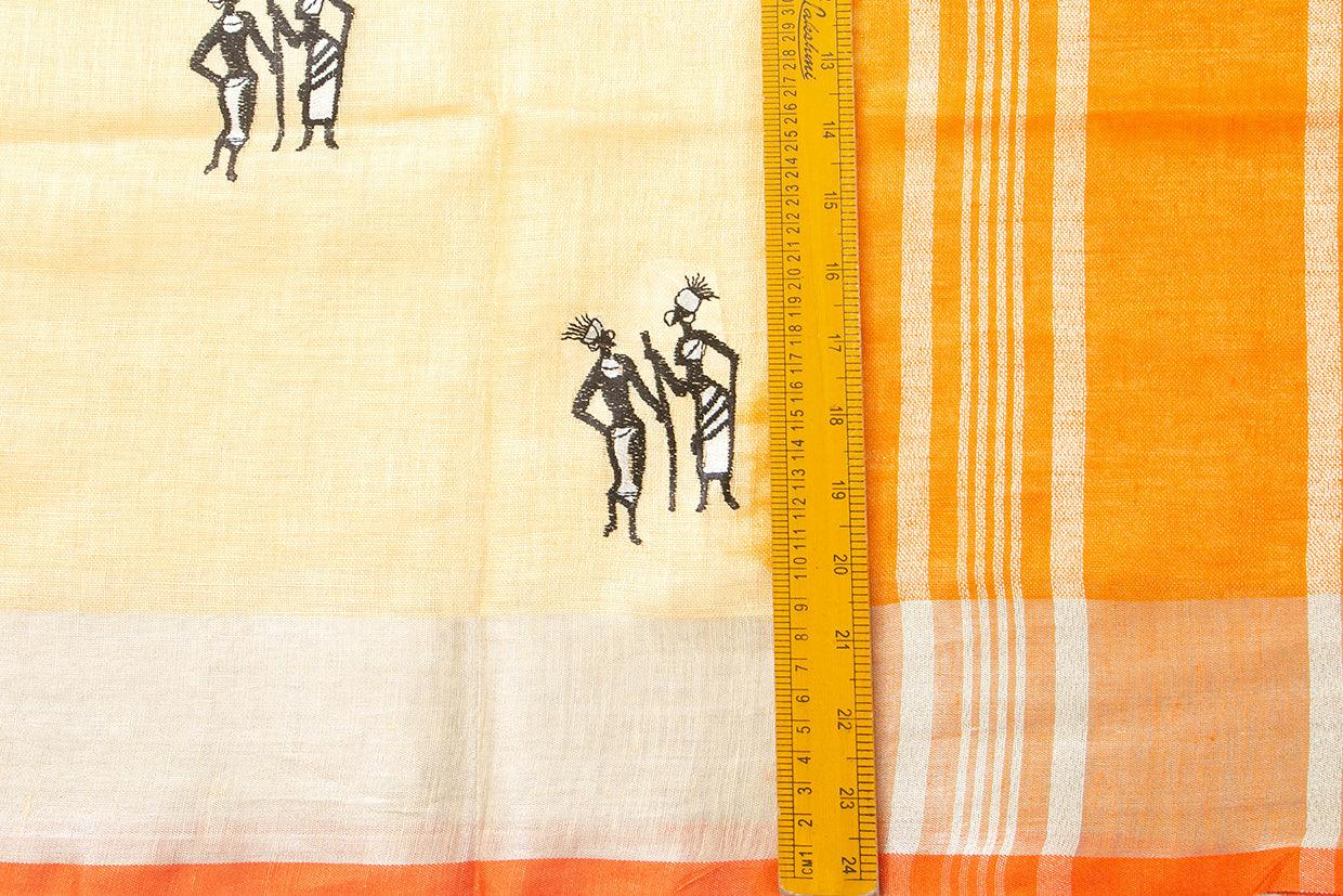 Pastel Yellow Linen Saree With Embroidery And Silver Zari Border PL 2043 - Linen Sari - Panjavarnam