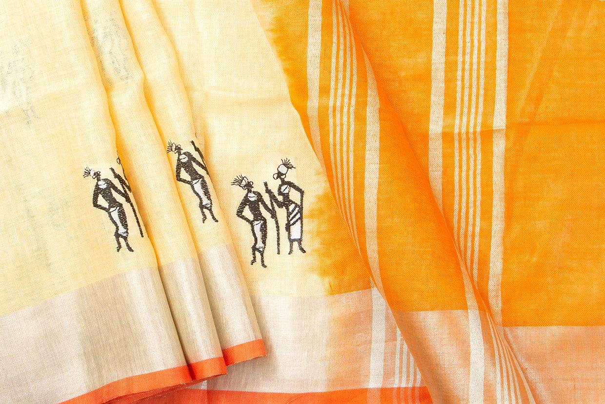 Pastel Yellow Linen Saree With Embroidery And Silver Zari Border PL 2043 - Linen Sari - Panjavarnam PL 2043