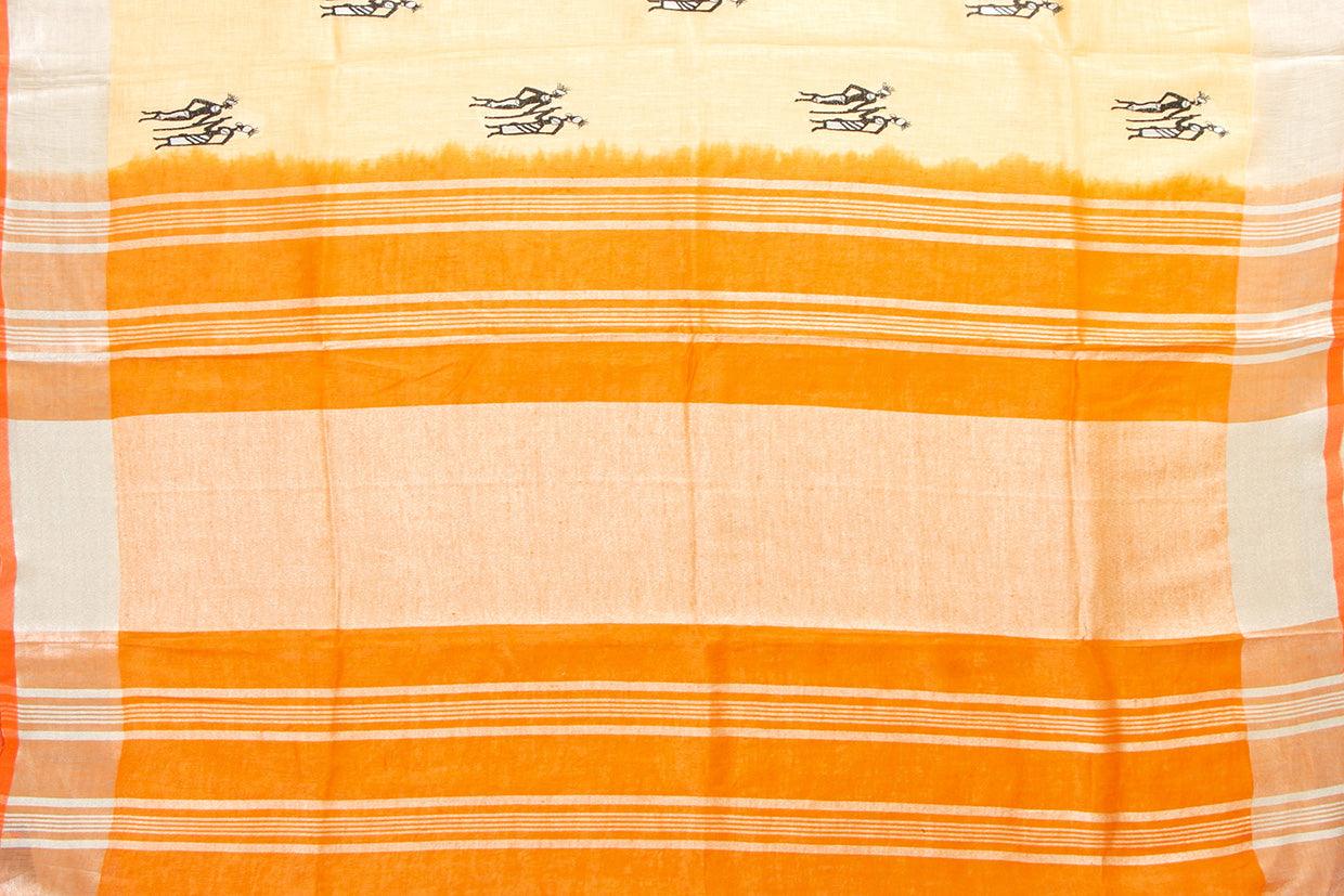 Pastel Yellow Linen Saree With Embroidery And Silver Zari Border PL 2043 - Linen Sari - Panjavarnam PL 2043