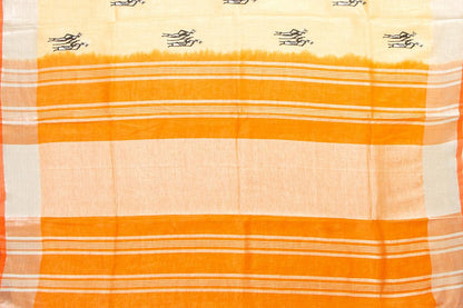 Pastel Yellow Linen Saree With Embroidery And Silver Zari Border PL 2043 - Linen Sari - Panjavarnam PL 2043