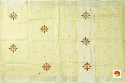 Pastel Yellow Linen Saree With Embroidery Butta And Silver Zari Border PL 2034 - Linen Sari - Panjavarnam
