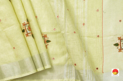 Pastel Yellow Linen Saree With Embroidery Butta And Silver Zari Border PL 2034 - Linen Sari - Panjavarnam PL 2034