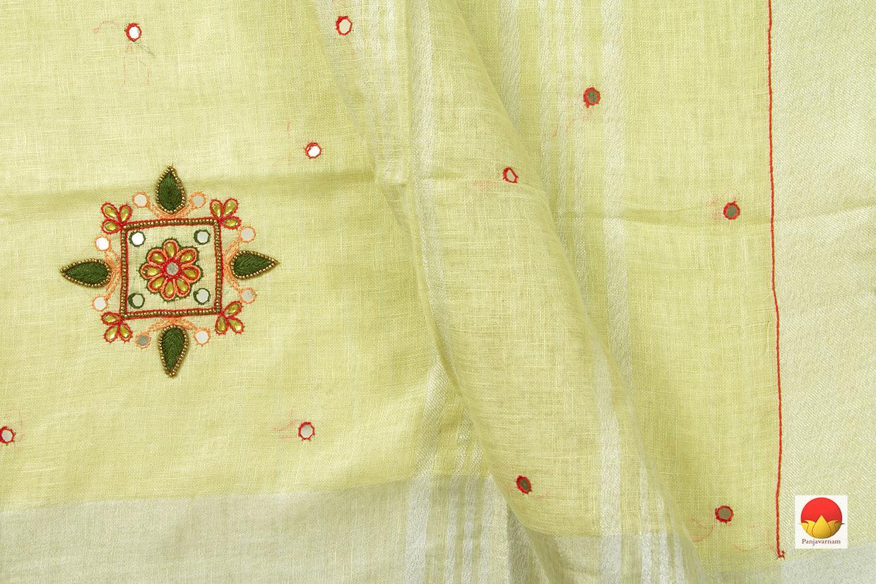 Pastel Yellow Linen Saree With Embroidery Butta And Silver Zari Border PL 2034 - Linen Sari - Panjavarnam PL 2034