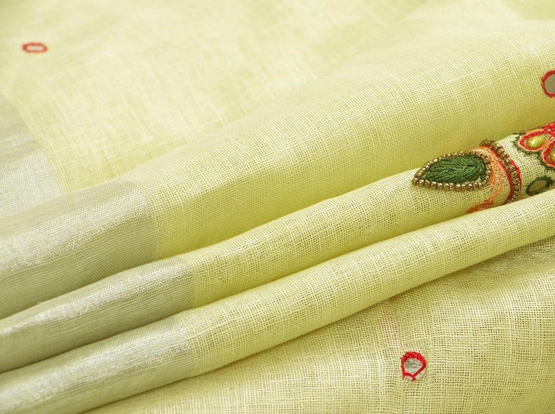 Pastel Yellow Linen Saree With Embroidery Butta And Silver Zari Border PL 2034 - Linen Sari - Panjavarnam PL 2034