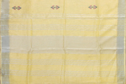 Pastel Yellow Linen Saree With Floral Embroidery And Silver Zari Border PL 2041 - Linen Sari - Panjavarnam