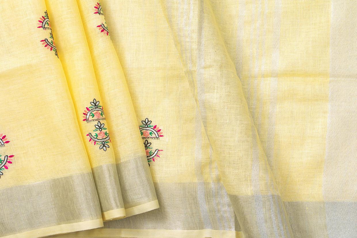 Pastel Yellow Linen Saree With Floral Embroidery And Silver Zari Border PL 2041 - Linen Sari - Panjavarnam PL 2041