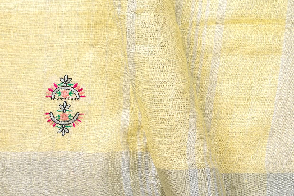 Pastel Yellow Linen Saree With Floral Embroidery And Silver Zari Border PL 2041 - Linen Sari - Panjavarnam PL 2041