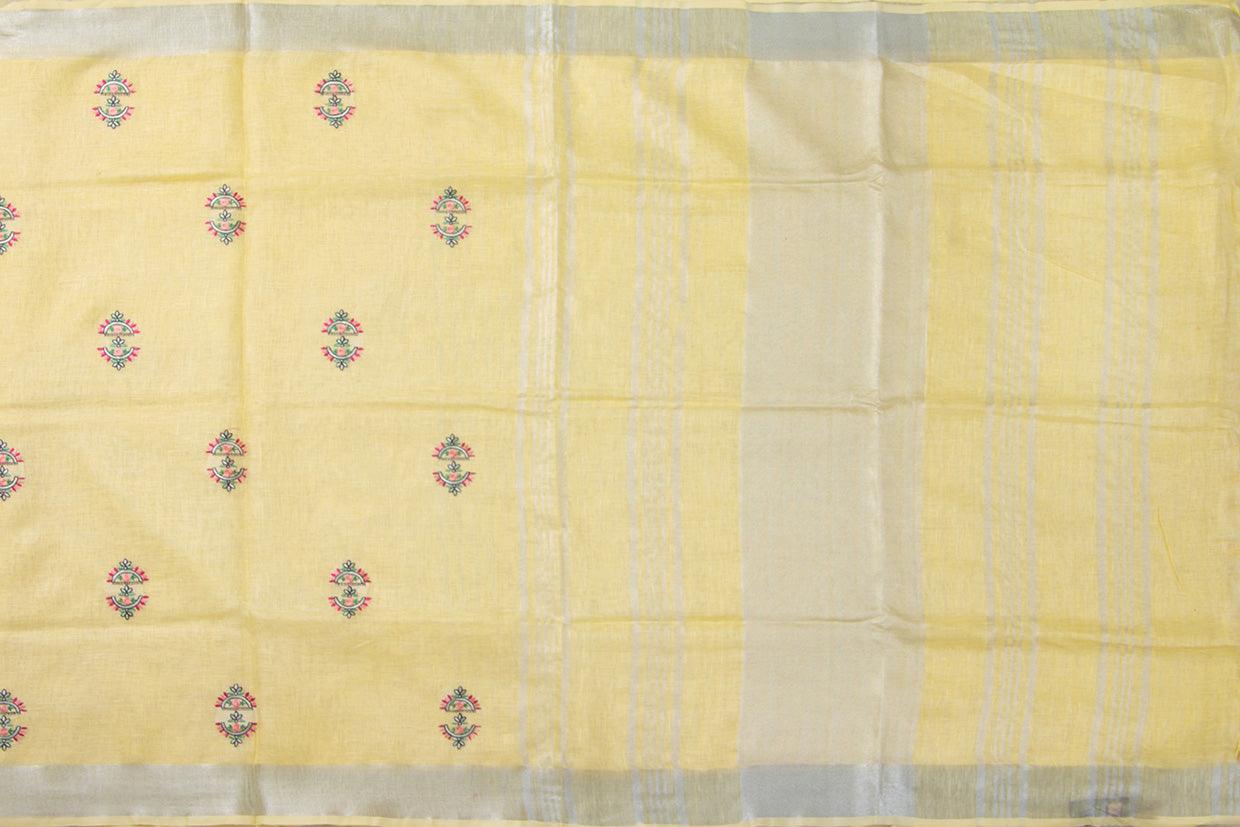 Pastel Yellow Linen Saree With Floral Embroidery And Silver Zari Border PL 2041 - Linen Sari - Panjavarnam PL 2041