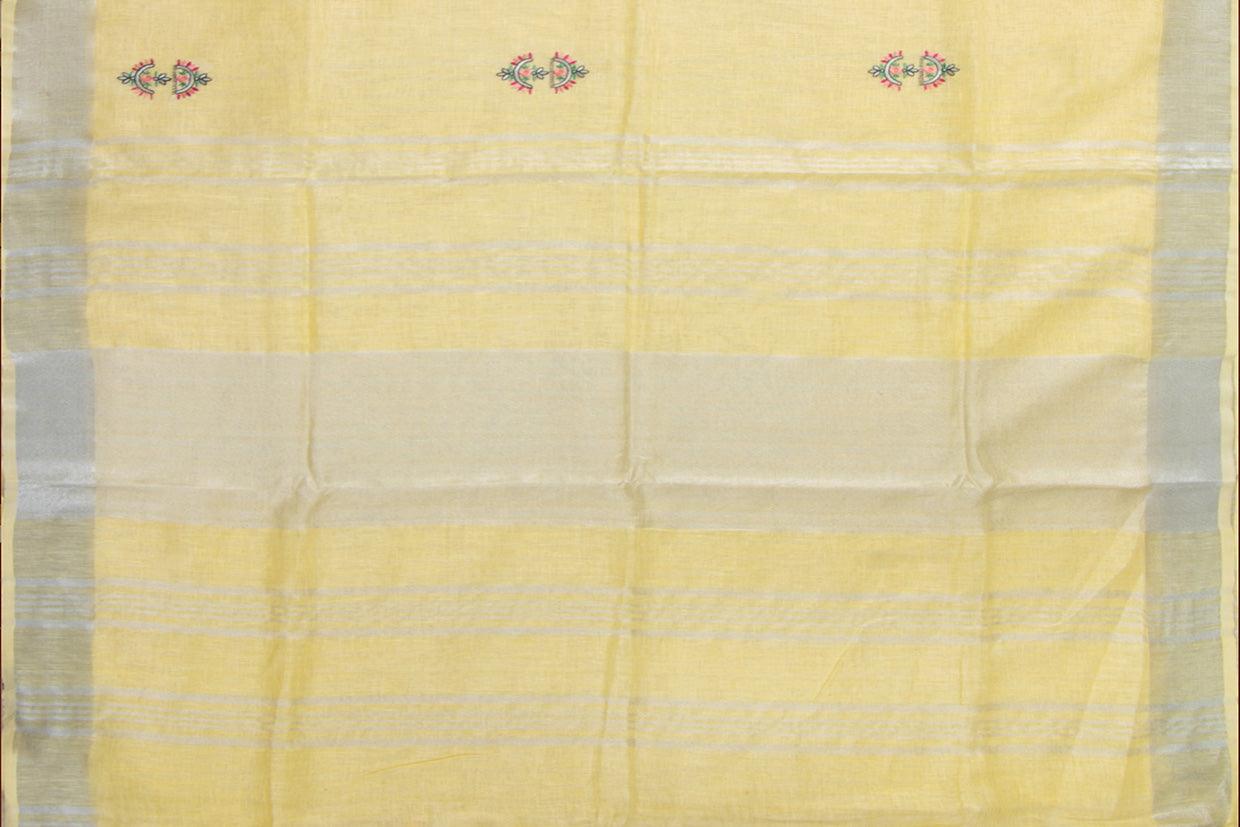 Pastel Yellow Linen Saree With Floral Embroidery And Silver Zari Border PL 2041 - Linen Sari - Panjavarnam PL 2041