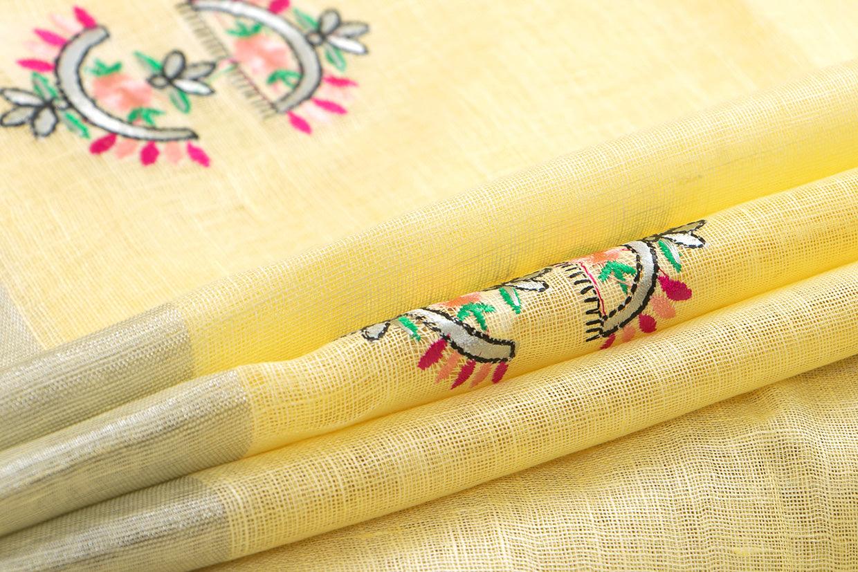 Pastel Yellow Linen Saree With Floral Embroidery And Silver Zari Border PL 2041 - Linen Sari - Panjavarnam PL 2041