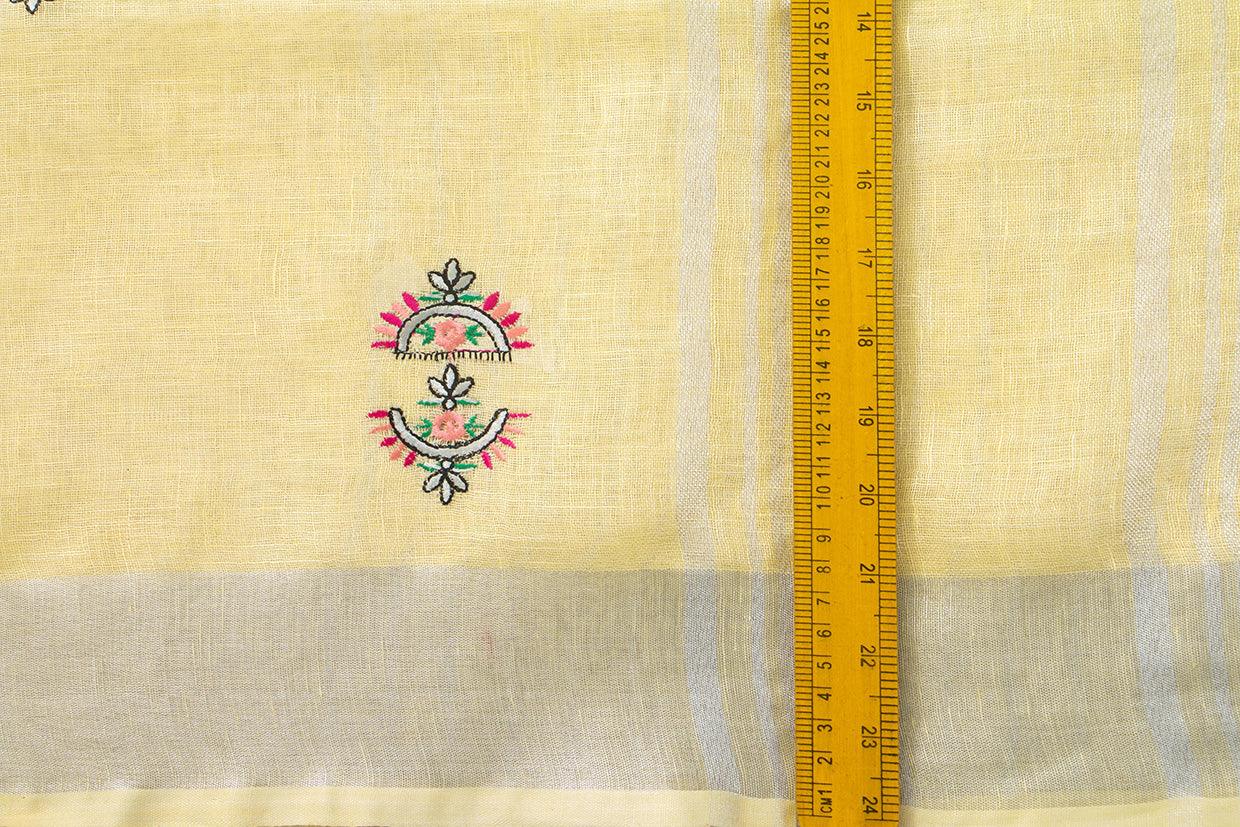 Pastel Yellow Linen Saree With Floral Embroidery And Silver Zari Border PL 2041 - Linen Sari - Panjavarnam PL 2041