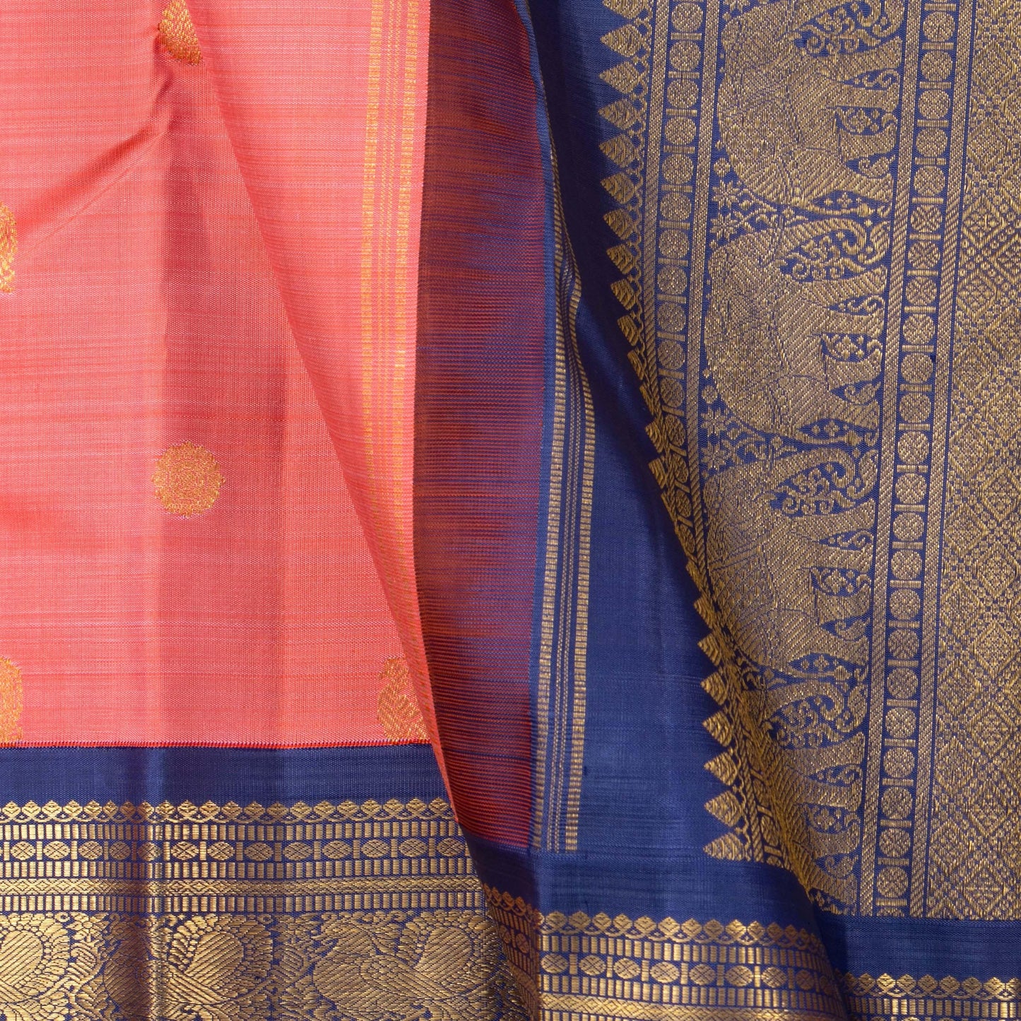 Peach And Blue Kanchipuram Silk Saree With Medium Border Handwoven Pure Silk For Festive Wear PV NYC 1184 - Silk Sari - Panjavarnam PV NYC 1184