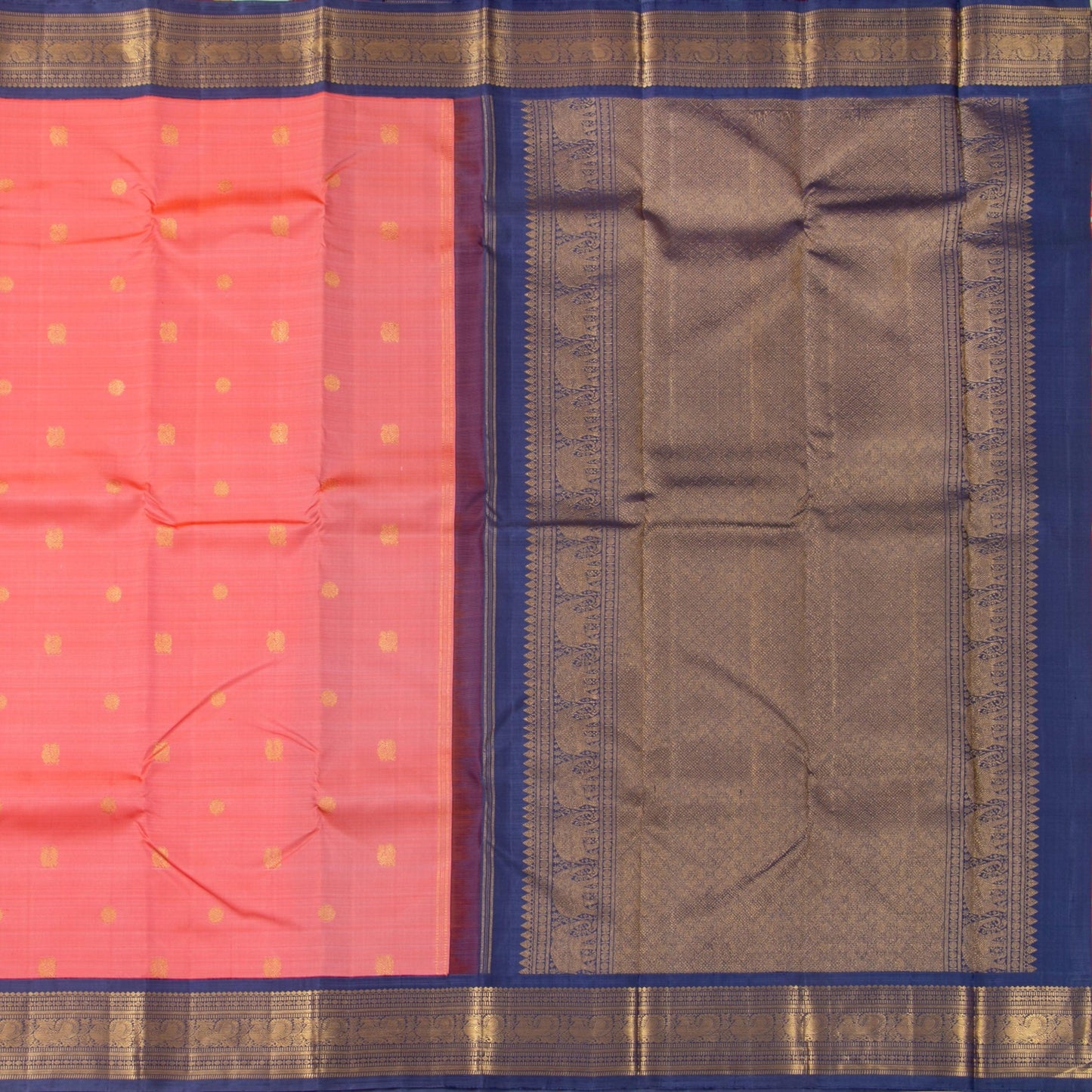 Peach And Blue Kanchipuram Silk Saree With Medium Border Handwoven Pure Silk For Festive Wear PV NYC 1184 - Silk Sari - Panjavarnam PV NYC 1184